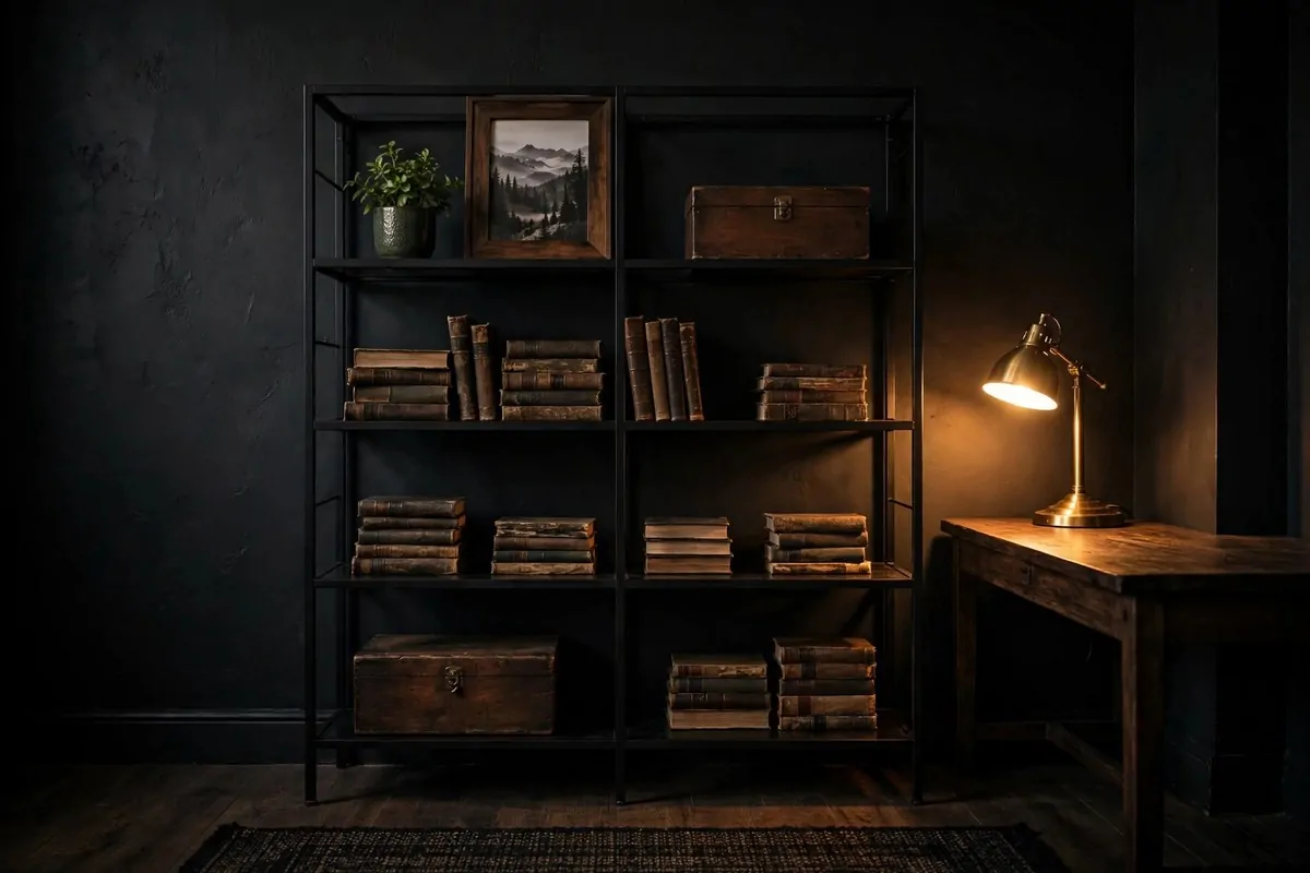20 Moody Office Inspiration Looks With Dark, Rich Details 17 Black metal open shelving with books in a dark office