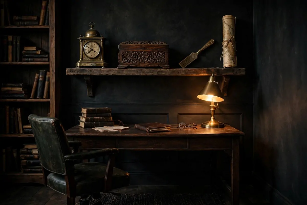 20 Moody Office Inspiration Looks With Dark, Rich Details 19 Antique accents with old brass finds in a dark office