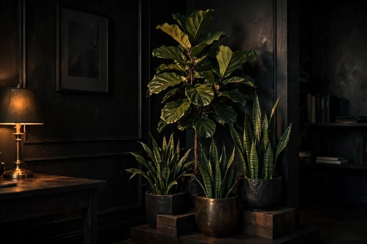20 Moody Office Inspiration Looks With Dark, Rich Details 20 Moody greenery in dark planters in a dark home office
