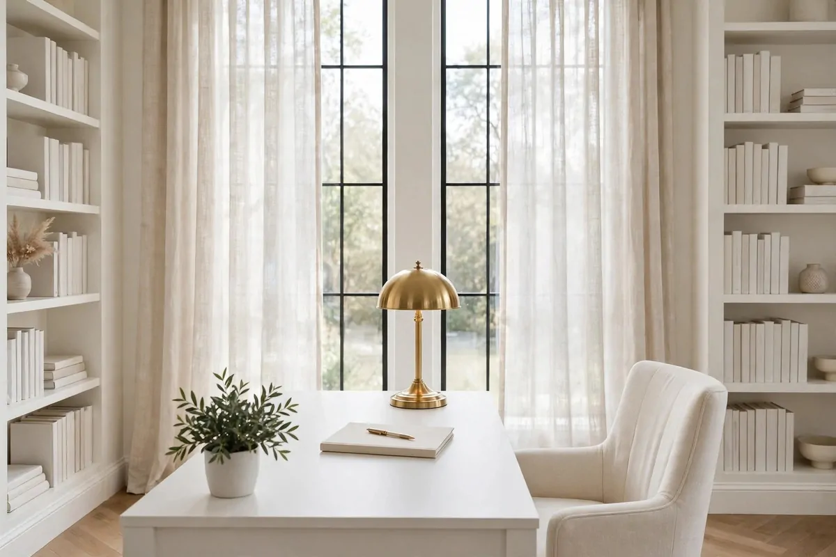 A white desk with a brass dome lamp, a blank notebook and pen, and a potted plant before tall sheer-curtained windows between white bookshelves of plain books, with a cream chair beside the desk.