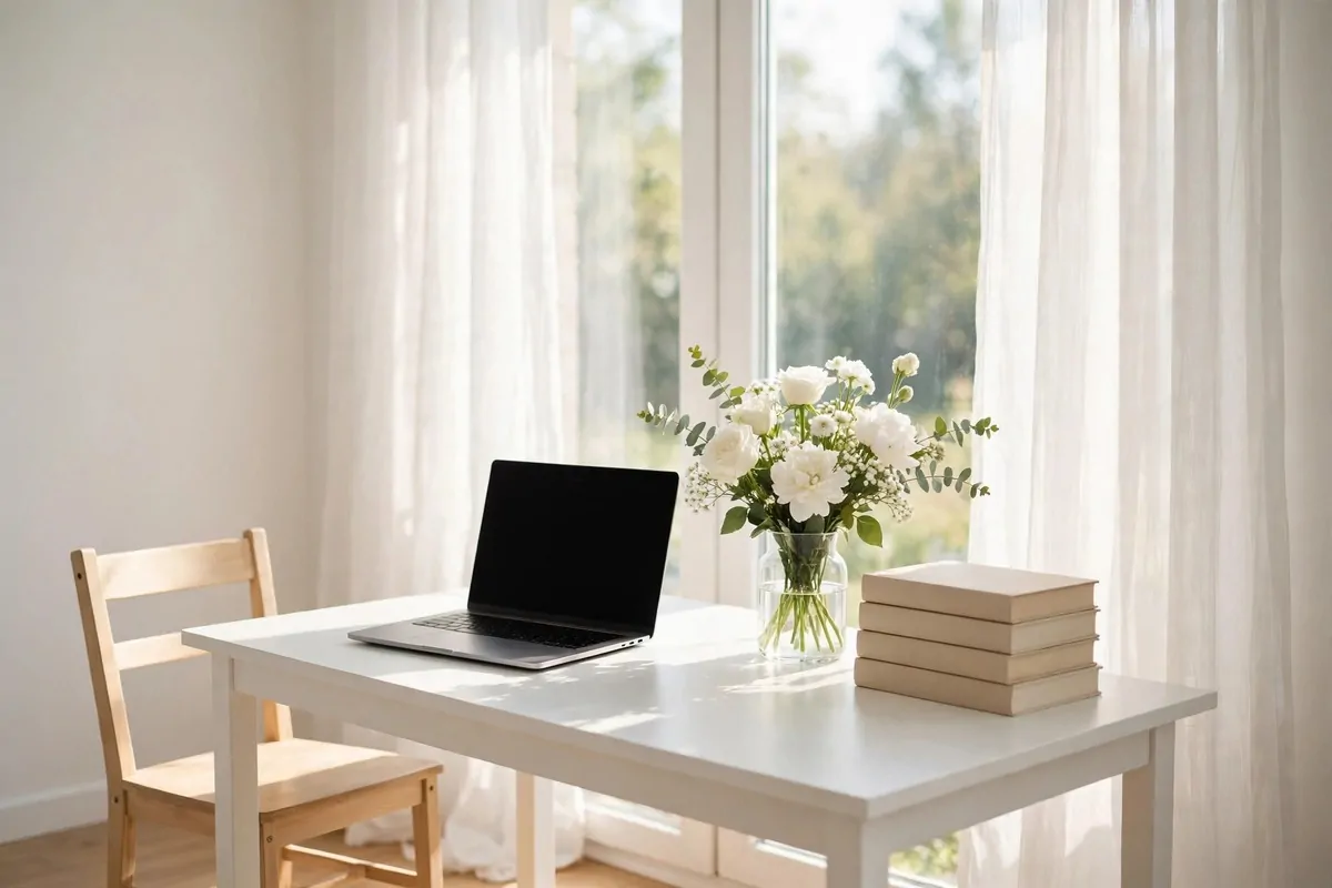 20 Office Inspiration Workspaces That Look Straight Out of a Magazine 1 A white desk by a tall sunlit window with sheer curtains holding a laptop with a blank black screen, a vase of white flowers, and a stack of plain books, with a light wood chair beside it.