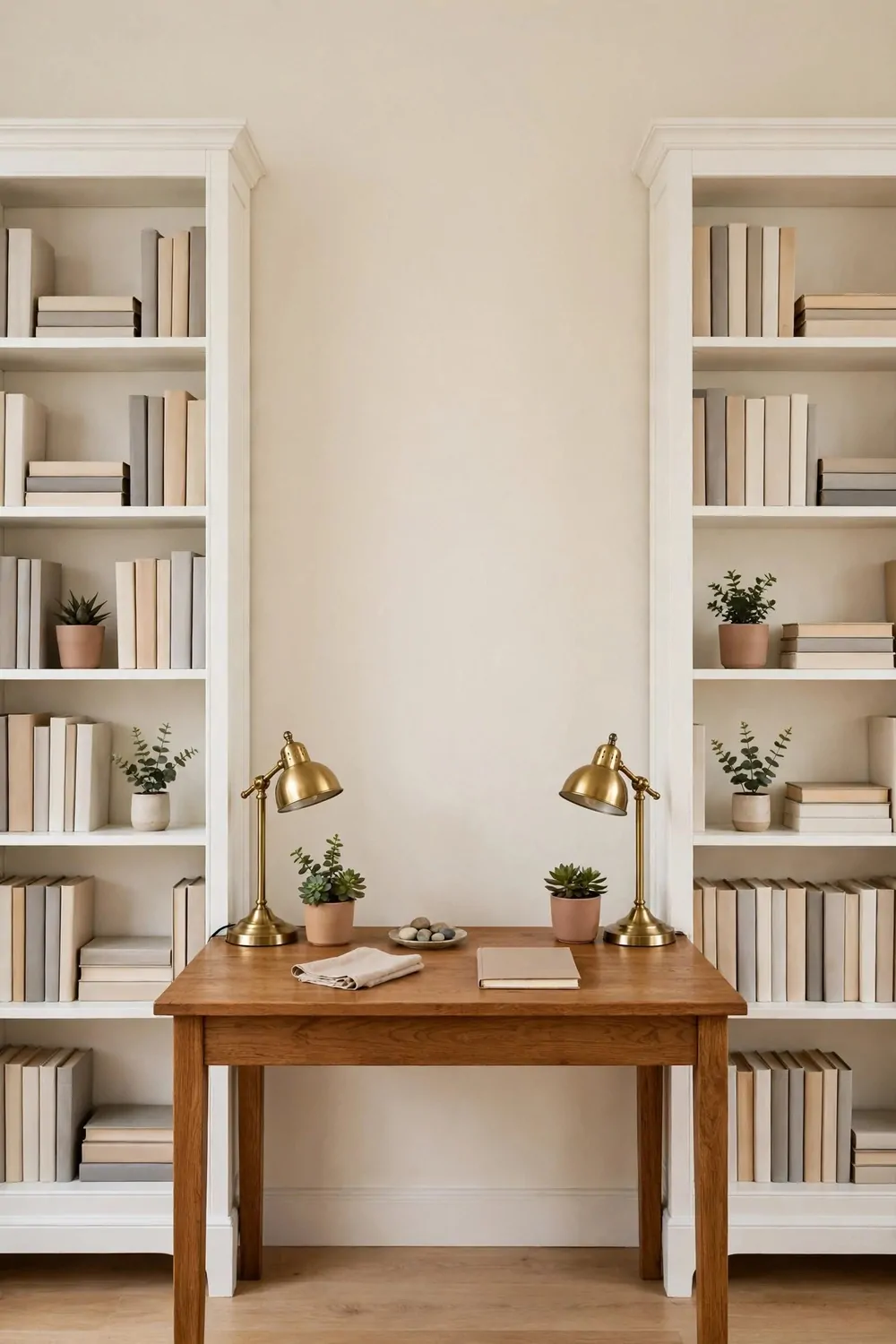 20 Office Inspiration Workspaces That Look Straight Out of a Magazine 2 A wood desk centered between two matching white bookshelves styled symmetrically with plain books, potted plants, and matching brass lamps on both sides against a cream wall.