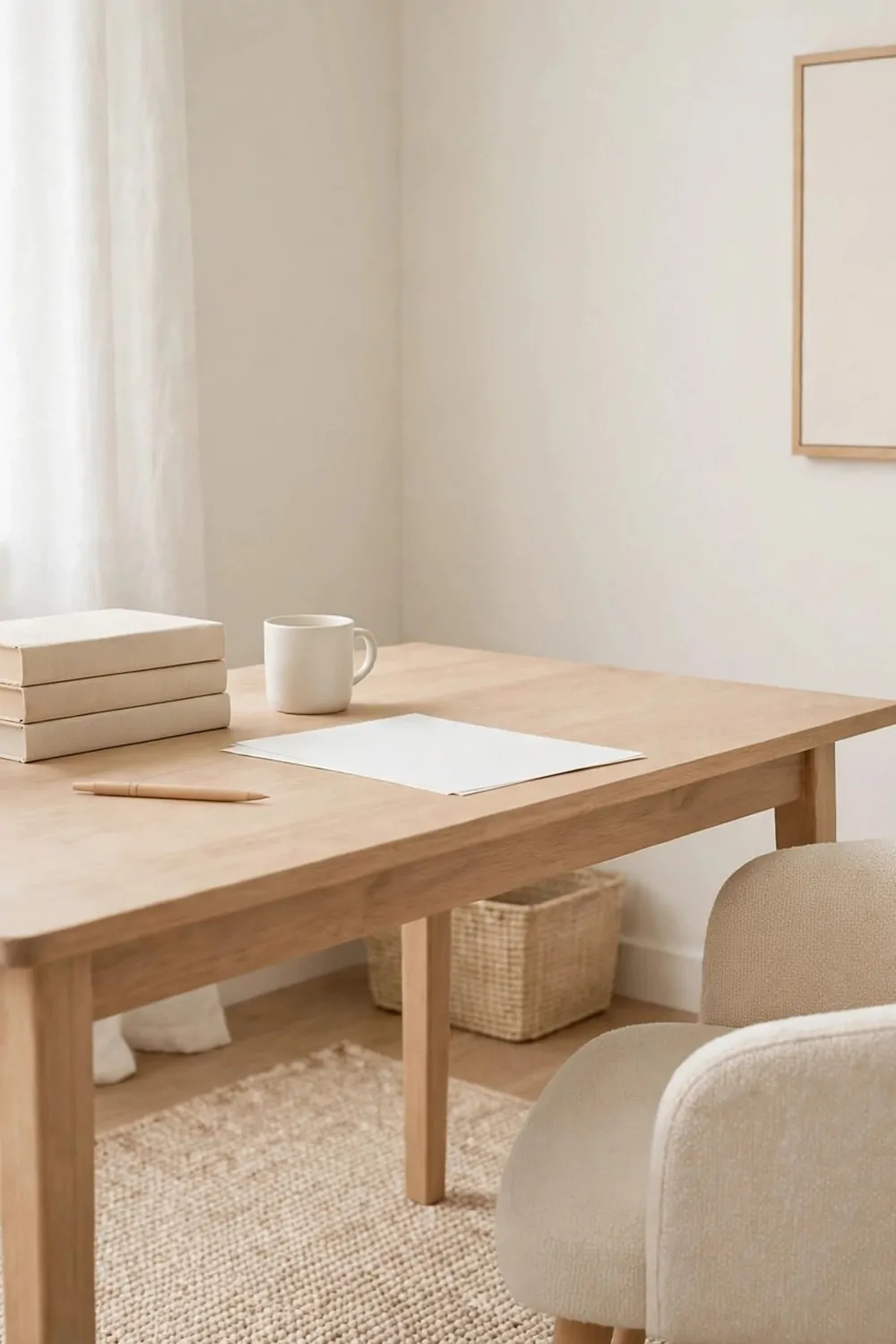 20 Office Inspiration Workspaces That Look Straight Out of a Magazine 3 A calm cream and beige home office with a light wood desk holding plain books, a mug and blank paper, a cream chair, and a beige woven rug in soft even light.