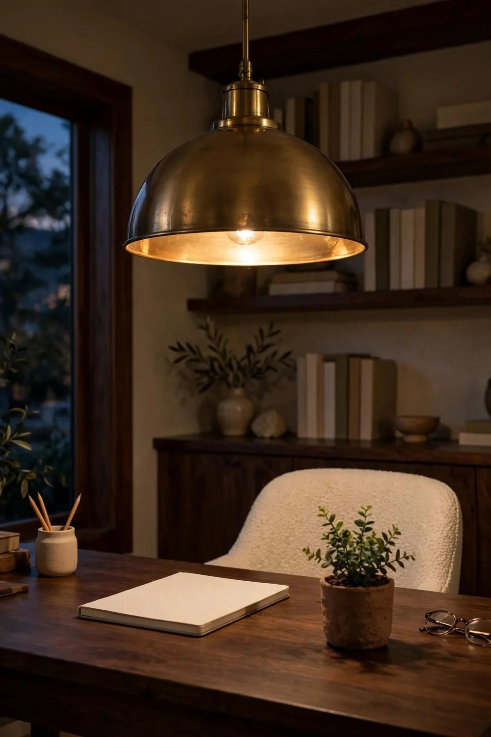 20 Office Inspiration Workspaces That Look Straight Out of a Magazine 4 A large glowing brass dome pendant light hanging over a dark wood desk with a blank notebook, a small potted plant, and a cream chair, with plain books on shelves behind.