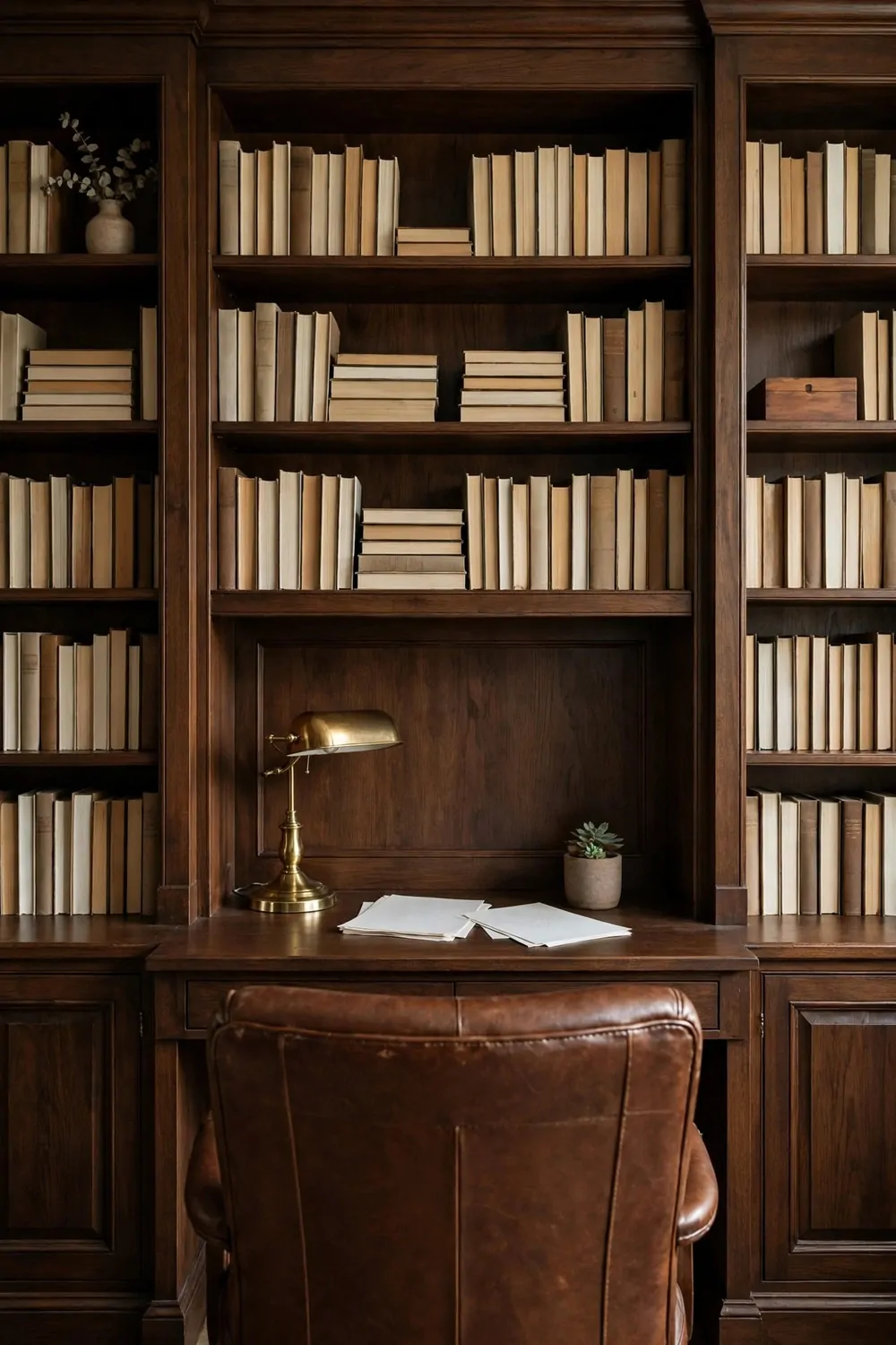 20 Office Inspiration Workspaces That Look Straight Out of a Magazine 5 A full wall of dark wood built-in bookcases filled with plain books, a wooden desk fitted into the middle with a brass lamp, blank papers and a small succulent, and the back of a brown leather chair in front.