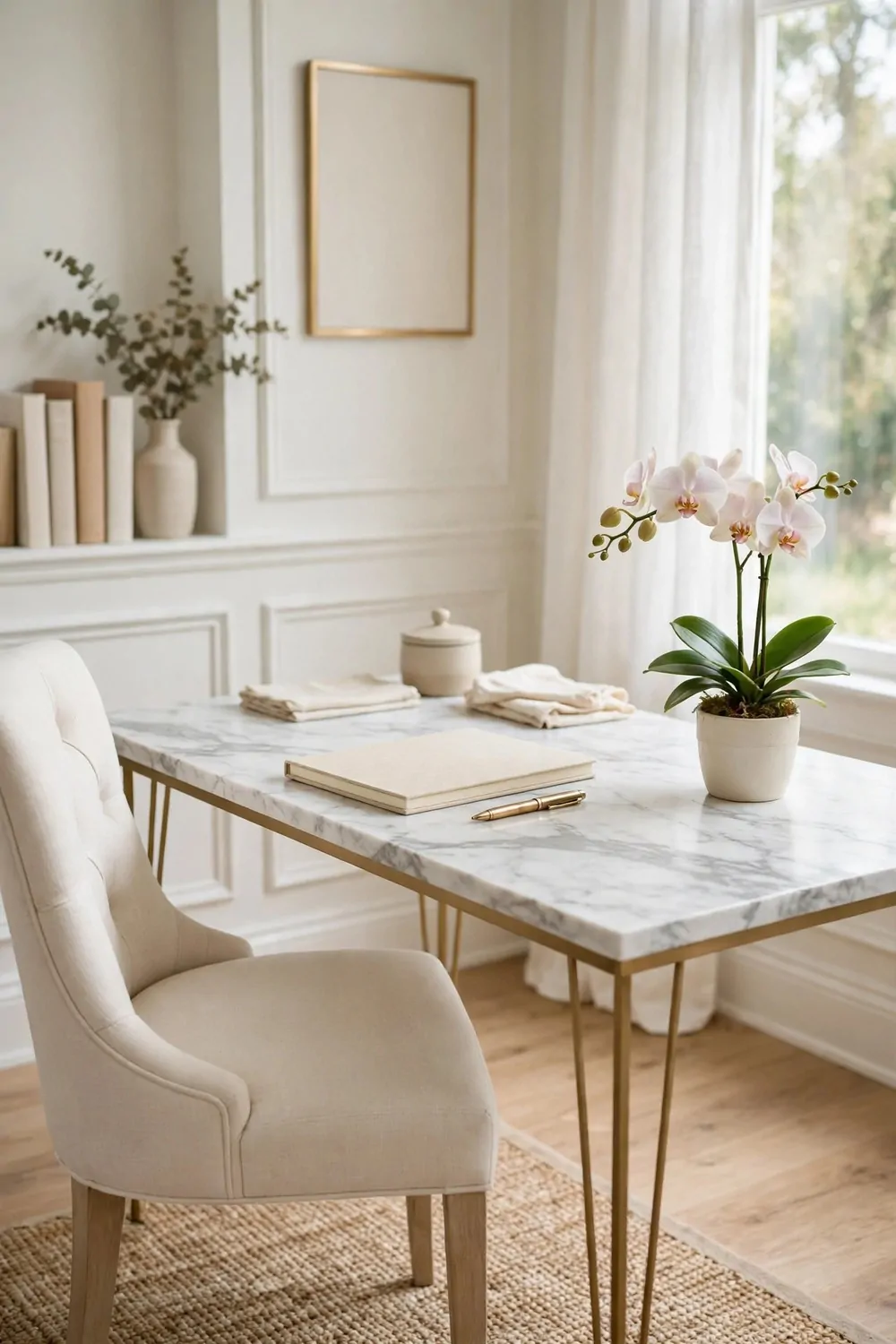 20 Office Inspiration Workspaces That Look Straight Out of a Magazine 6 A white marble-top desk with soft grey veining and slim gold legs, a cream upholstered chair, a potted white orchid, a blank notebook and a brass pen in a bright elegant room.