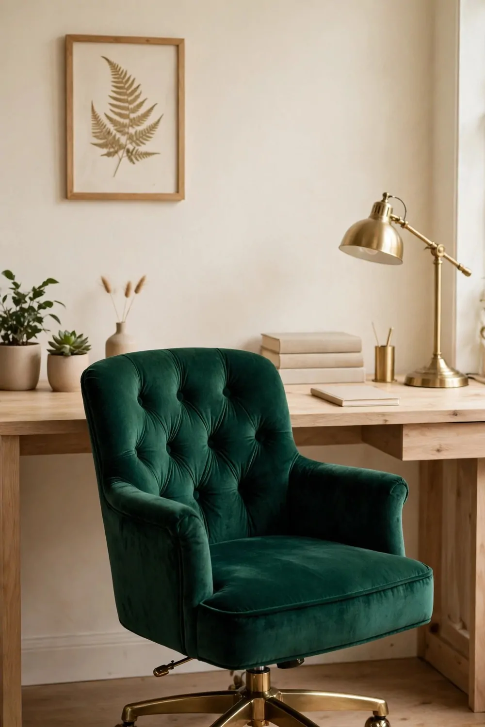 20 Office Inspiration Workspaces That Look Straight Out of a Magazine 7 A deep emerald green tufted velvet chair at a light wood desk with a brass lamp, a stack of plain books, and small plants against a cream wall.