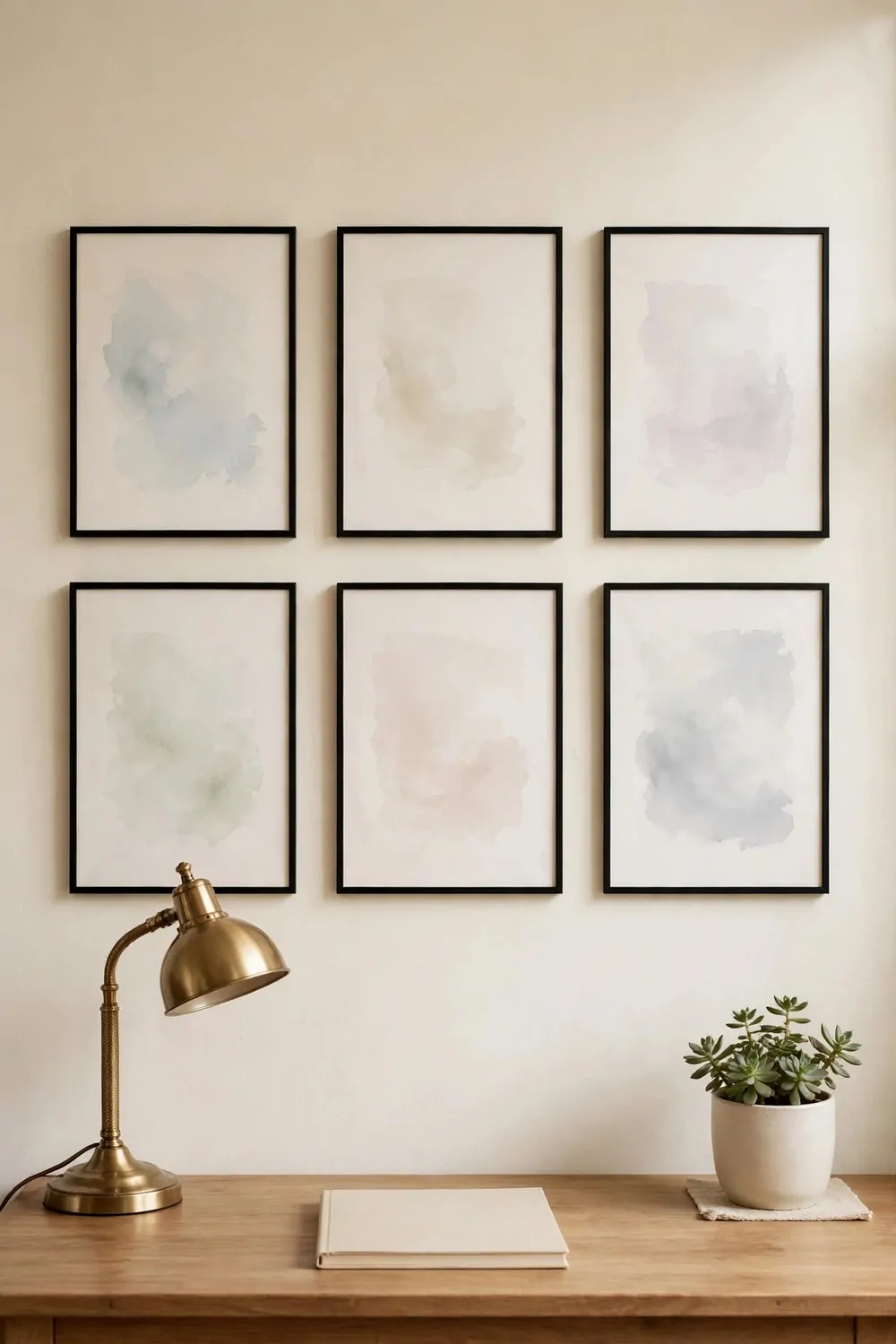 20 Office Inspiration Workspaces That Look Straight Out of a Magazine 8 Six matching thin black frames with faint pale abstract washes hanging above a wood desk holding a brass lamp, a blank notebook, and a small potted succulent on a cream wall.