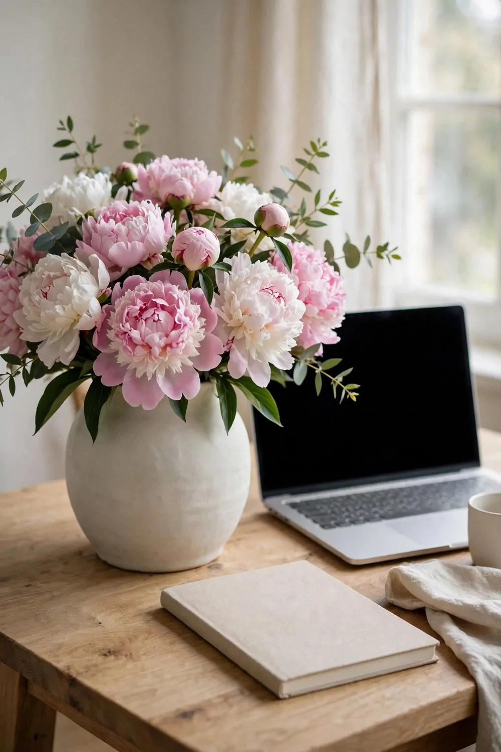 20 Office Inspiration Workspaces That Look Straight Out of a Magazine 9 A large white vase of pink and white peonies on a wood desk beside a laptop with a blank black screen, a blank notebook, and a plain mug in soft window light.