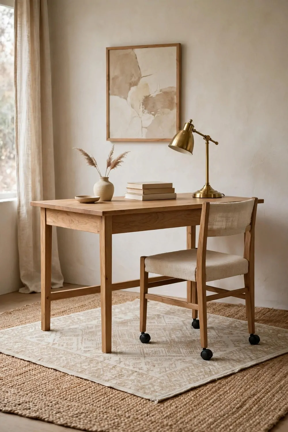 20 Office Inspiration Workspaces That Look Straight Out of a Magazine 10 A wood desk and chair with casters sitting on a smaller cream patterned rug layered over a large natural jute rug, with a brass lamp and plain unlettered books on the desk.