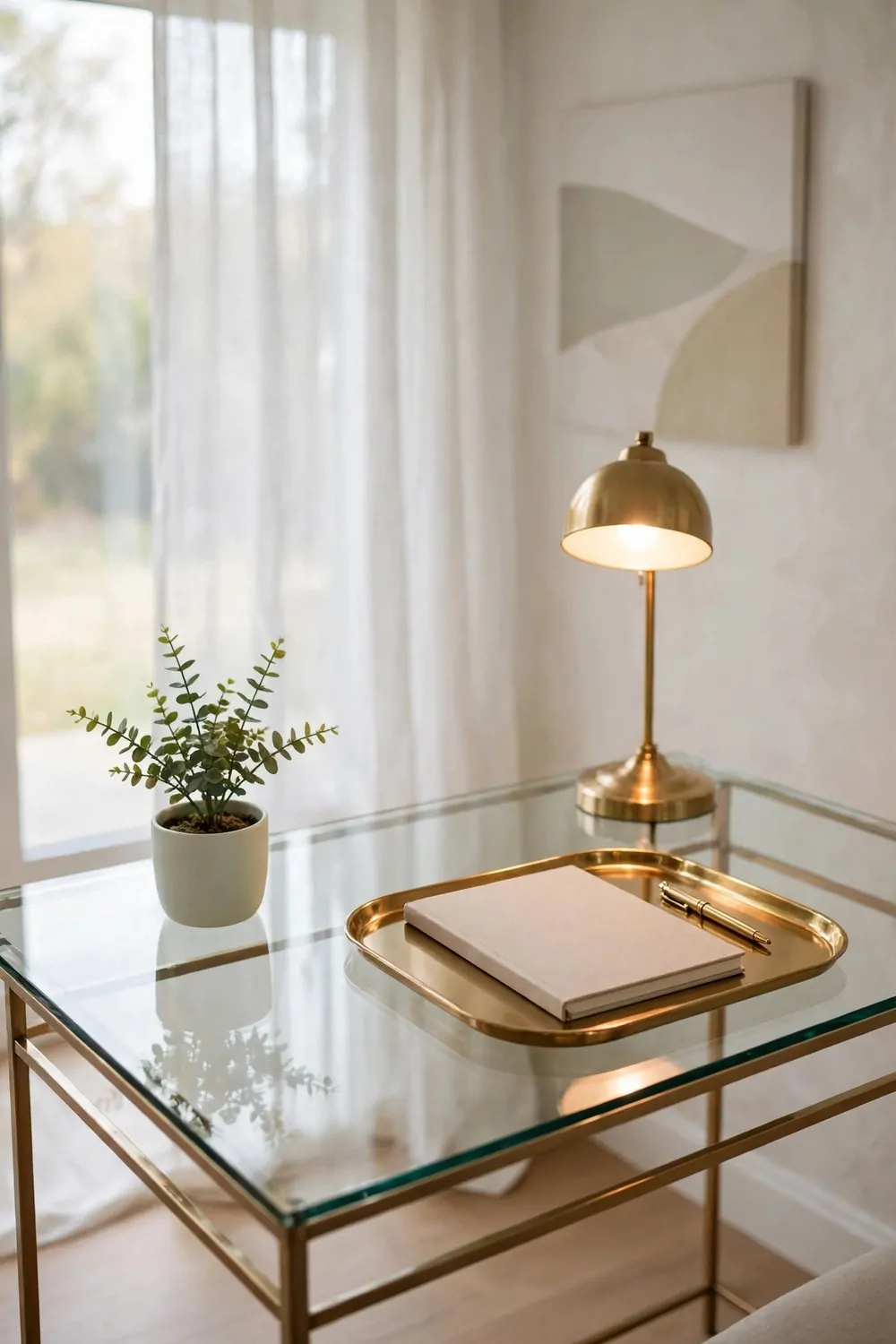 20 Office Inspiration Workspaces That Look Straight Out of a Magazine 11 A clear glass desk with slim brass legs holding a glowing brass lamp, a brass tray with a blank notebook and pen, and a small potted plant beside a sheer-curtained window.