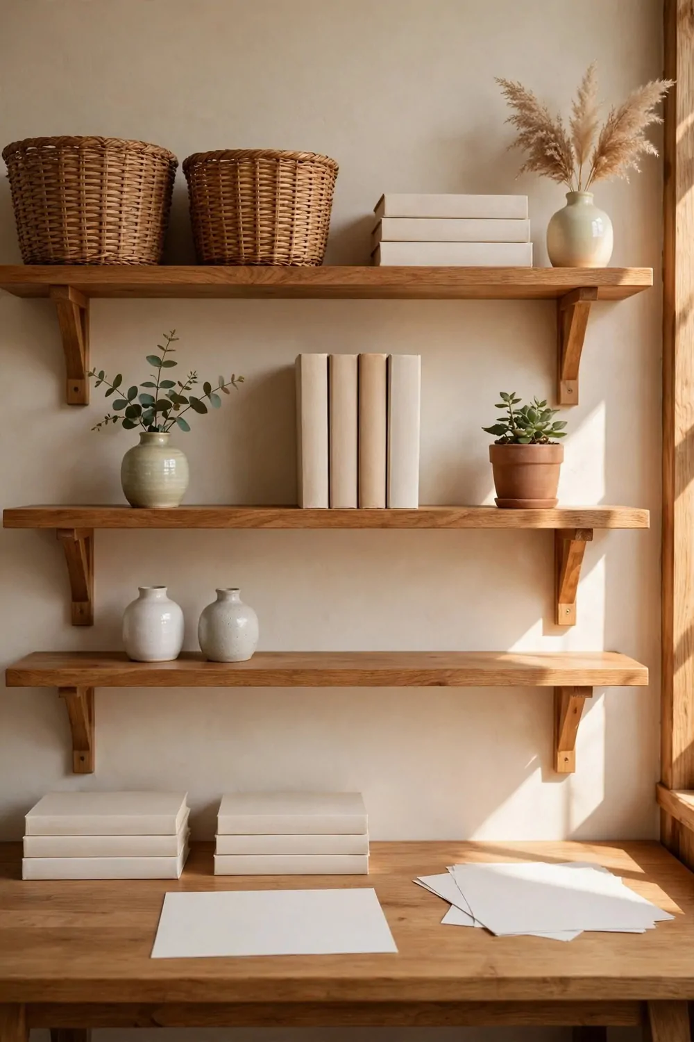 20 Office Inspiration Workspaces That Look Straight Out of a Magazine 12 Three wooden shelves above a desk holding two woven baskets, plain blank-spined books, ceramic vases, a eucalyptus vase and a potted plant in warm light, with blank papers on the desk below.
