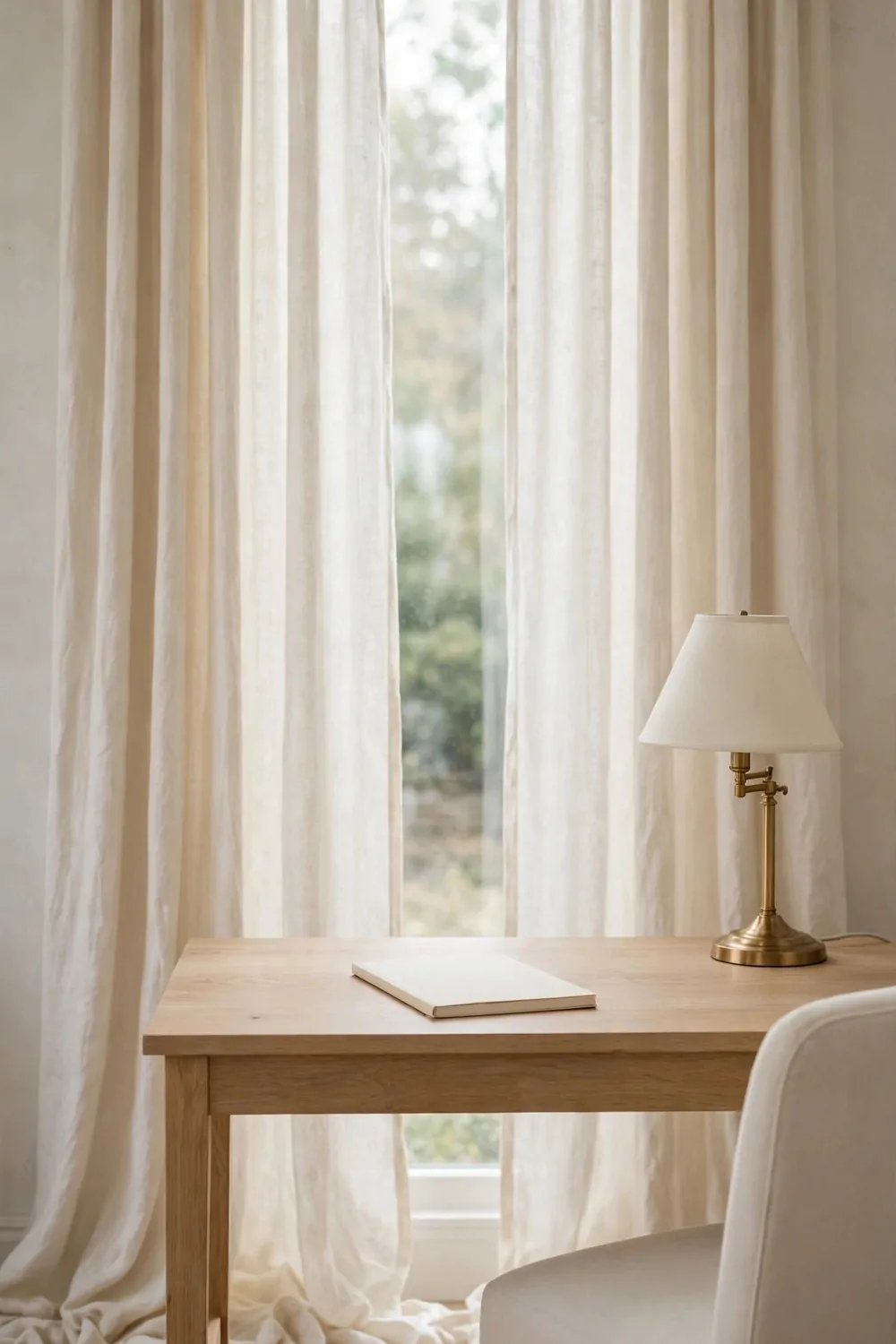 20 Office Inspiration Workspaces That Look Straight Out of a Magazine 13 A light wood desk with a blank notebook and brass lamp before a tall window with floor-to-ceiling ivory linen curtains pooling slightly on the floor, with a cream chair in the foreground.
