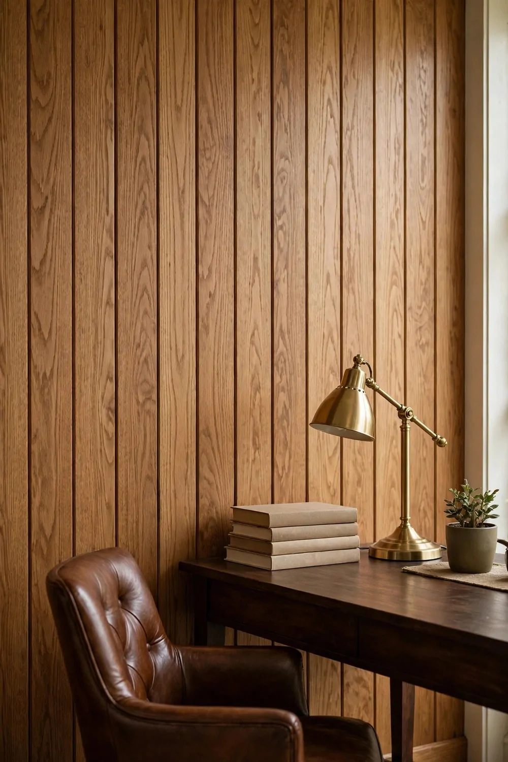 20 Office Inspiration Workspaces That Look Straight Out of a Magazine 15 A vertical oak panelled accent wall with clearly visible panel lines behind a dark wood desk holding plain books, a brass lamp and a small plant, with a brown leather chair in front.