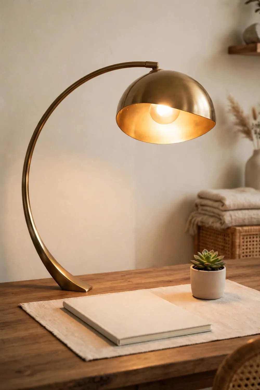 20 Office Inspiration Workspaces That Look Straight Out of a Magazine 16 A curved brass arc lamp glowing warm over a wood desk with a blank notebook and a small potted succulent against a cream wall.