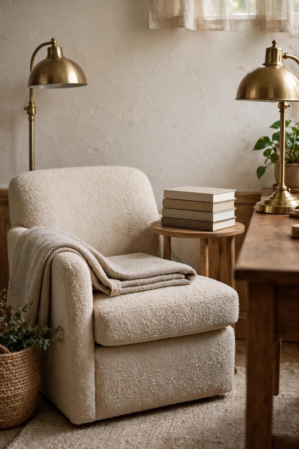 20 Office Inspiration Workspaces That Look Straight Out of a Magazine 17 A beige boucle armchair with a folded throw beside a round side table holding plain blank-spined books, a brass floor lamp behind it, and the edge of a wood desk with a brass lamp.
