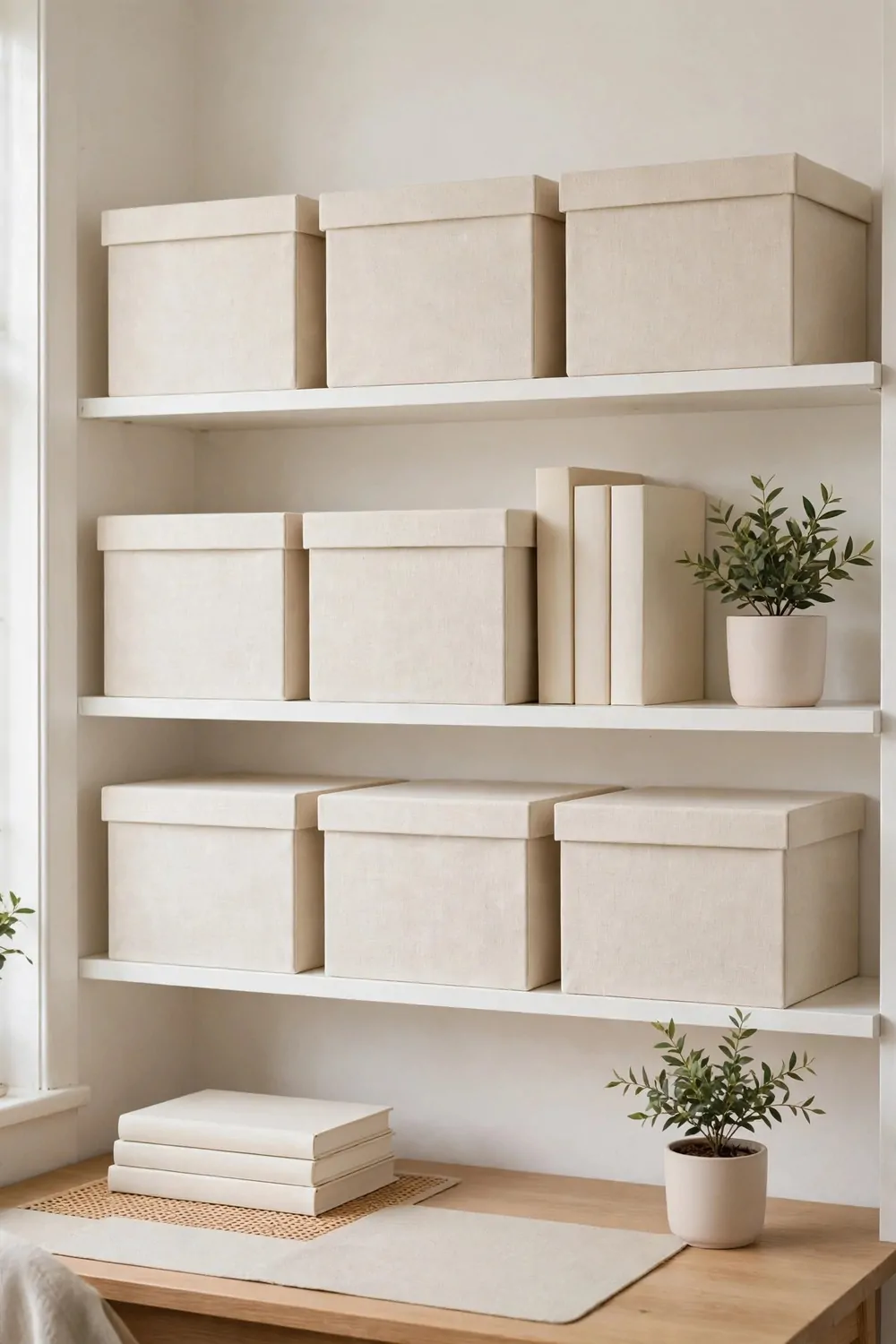 20 Office Inspiration Workspaces That Look Straight Out of a Magazine 18 Matching unmarked cream linen storage boxes arranged neatly on white shelves above a desk, with plain books and small potted plants beside them and no labels or words.