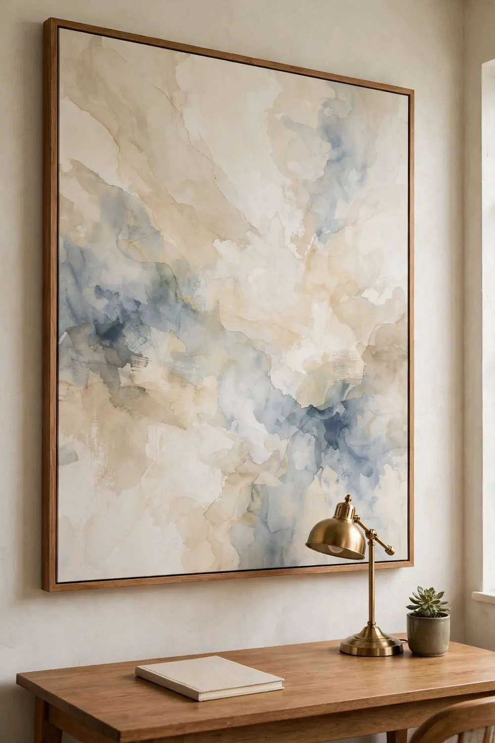 20 Office Inspiration Workspaces That Look Straight Out of a Magazine 19 One oversized framed abstract canvas in beige, cream, and muted blue washes dominating the wall above a wood desk with a brass lamp, a blank notebook, and a small succulent.