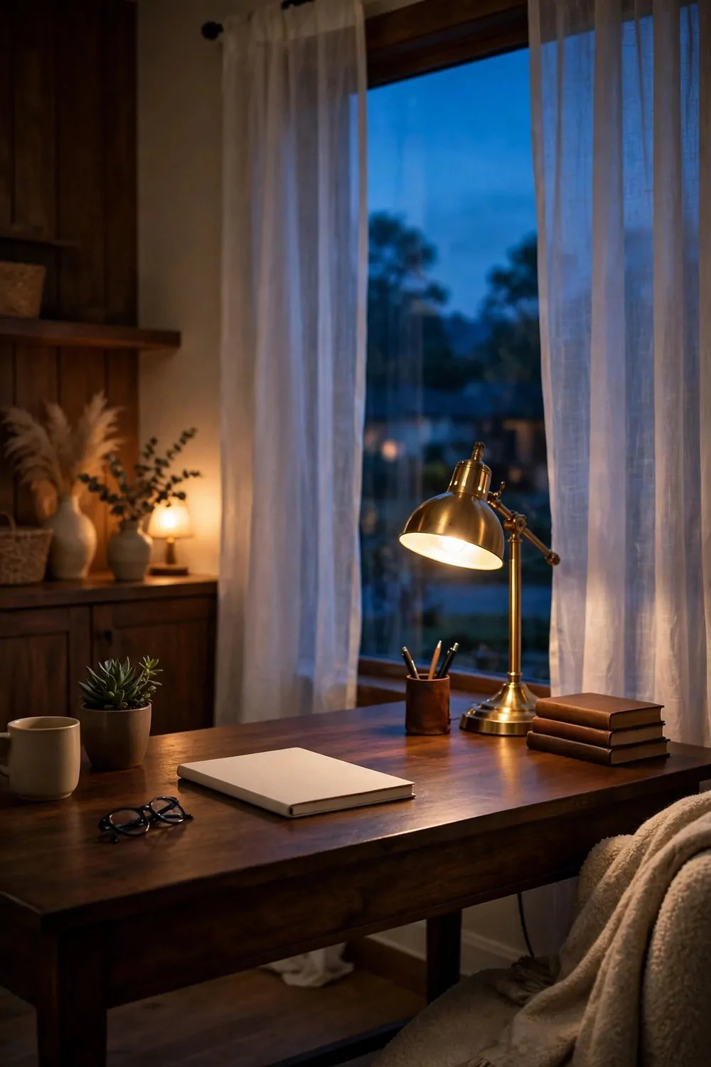 20 Office Inspiration Workspaces That Look Straight Out of a Magazine 20 A dark wood desk at dusk with a lit brass lamp, a blank notebook, and stacked books before a window showing deep blue evening light through sheer curtains.