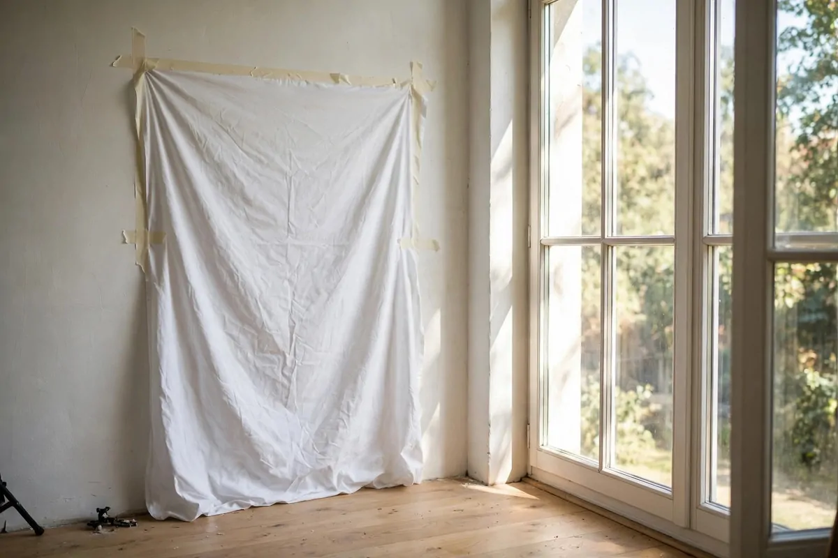 White bedsheet taped to a wall beside a bright window used as a home photo backdrop