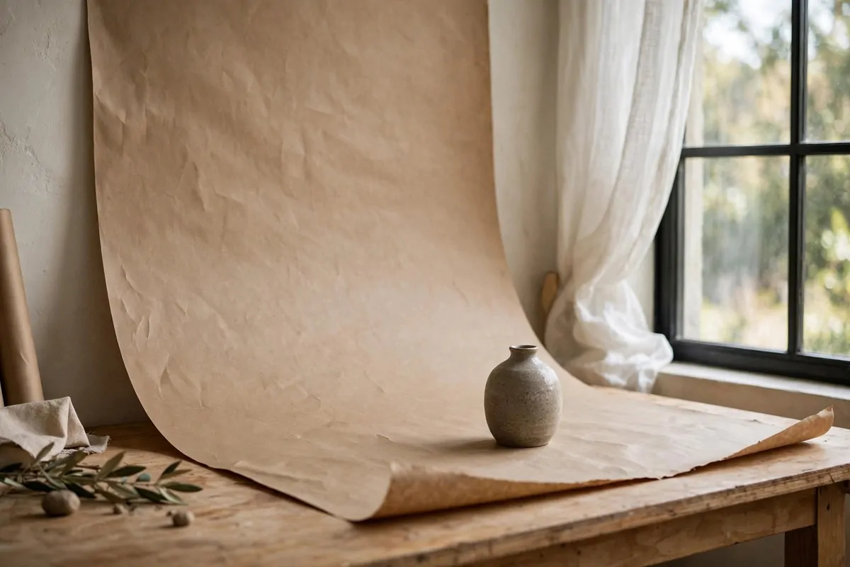 Butcher paper sweep curving over a table for small product photography near a window