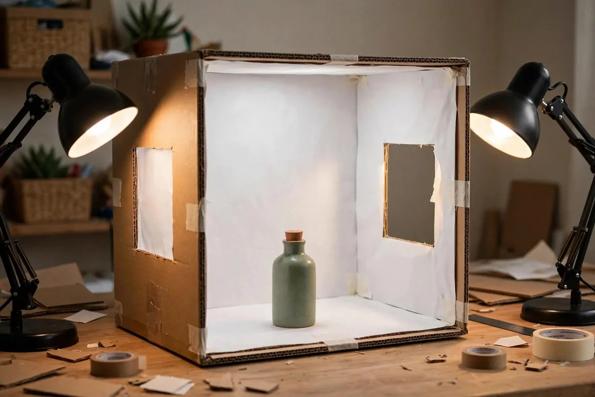 DIY cardboard box lightbox with white paper lining and a small product inside