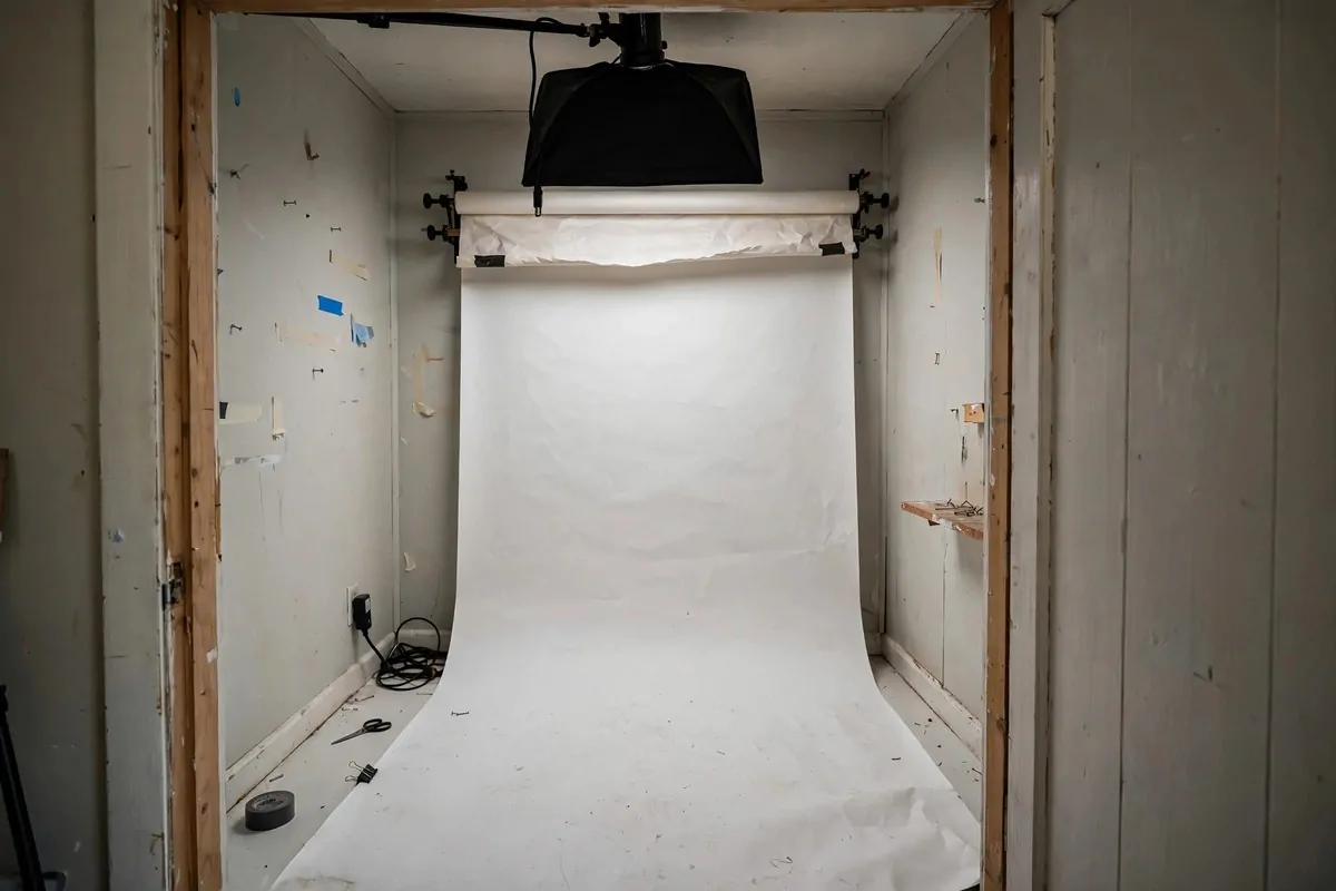 Small closet converted into a photo studio with a white sweep and overhead light