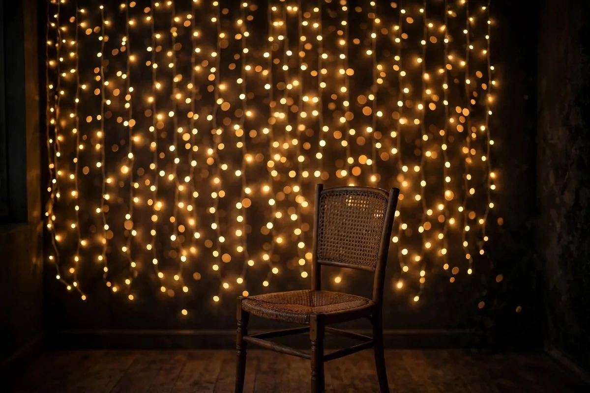 Wall of warm fairy lights creating a glowing bokeh backdrop in a dark room