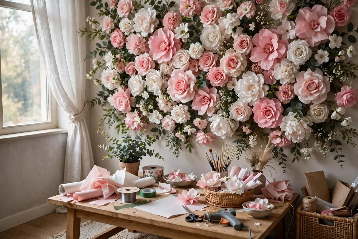 DIY flower wall made of paper and silk flowers on a home studio wall