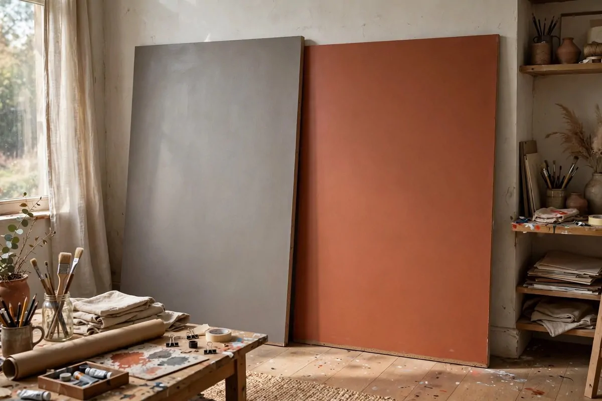 Two painted MDF boards leaning against a wall, one side warm gray and one side terracotta