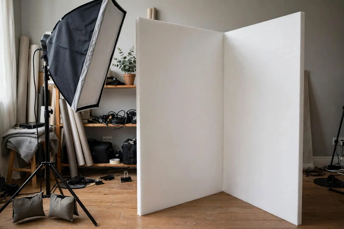 Two large white foam board V-flats standing in a home studio beside a softbox