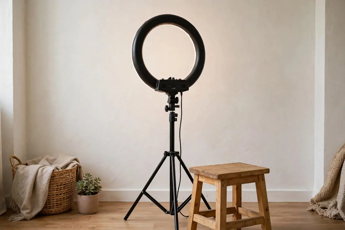 Ring light on a tripod in front of a plain wall with a small stool, home portrait setup