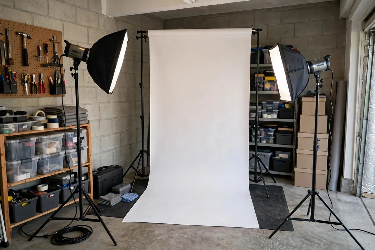 Garage corner set up as a photo studio with backdrop stand and lights, car parked outside