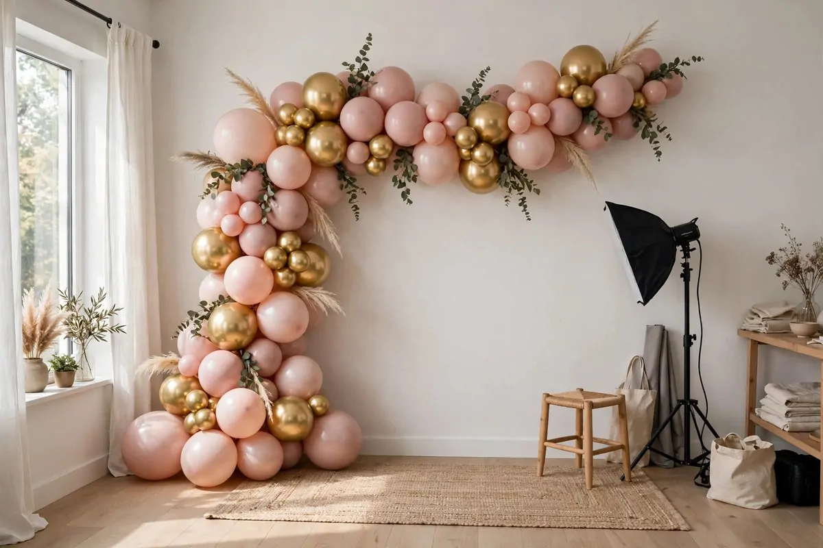 Gold and blush balloon garland arch against a white wall in a home studio