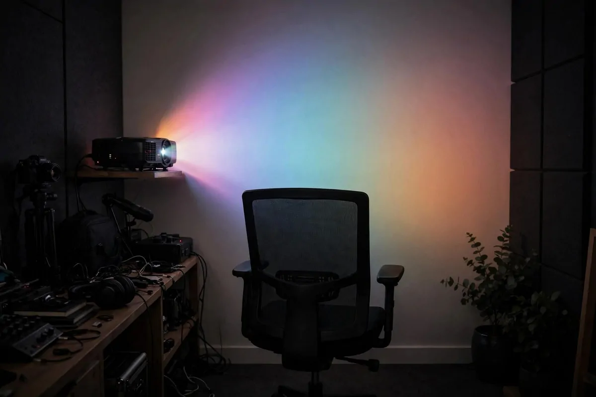 Projector casting a soft gradient onto a white wall behind a chair in a home studio