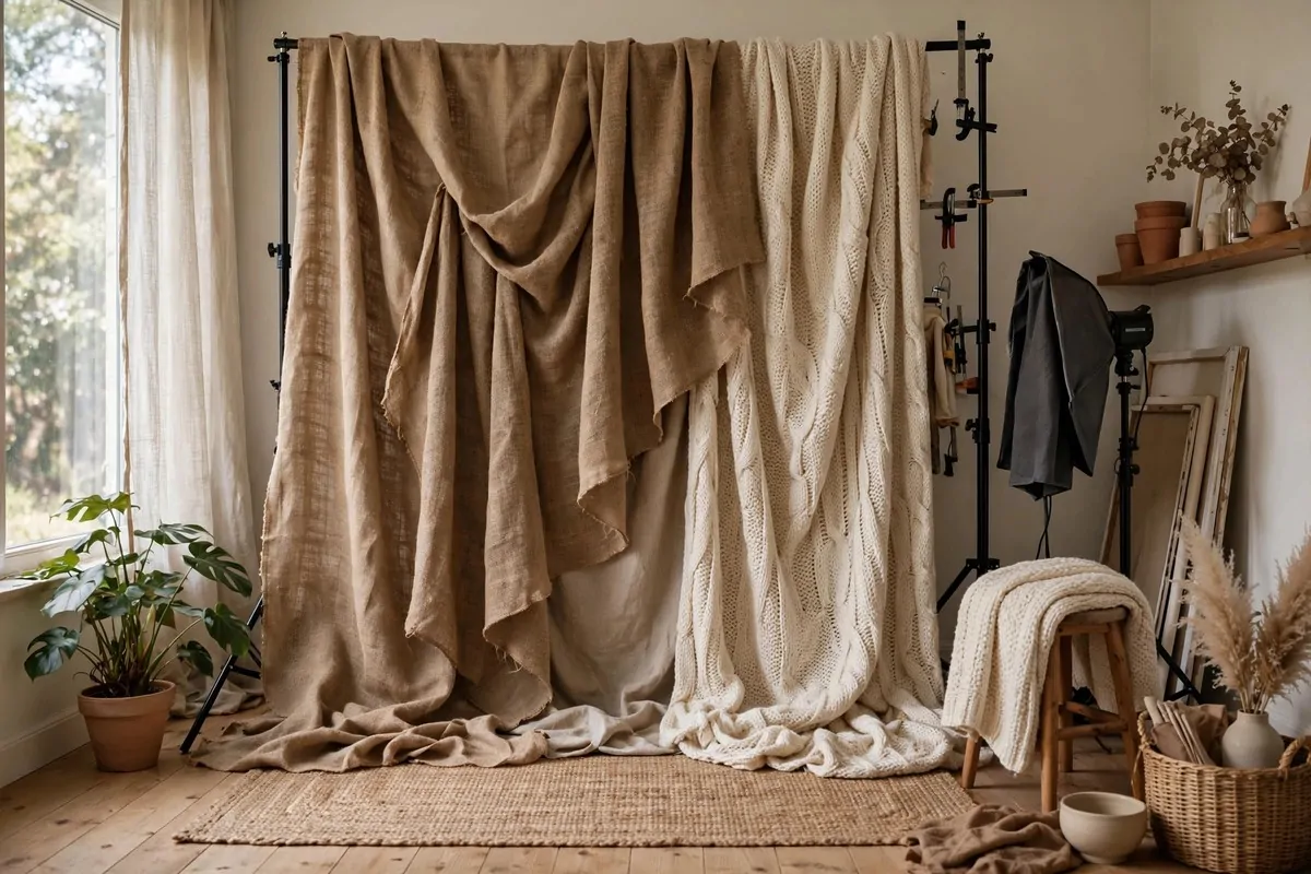 Draped burlap and knit fabric backdrop with soft folds in a home photo studio