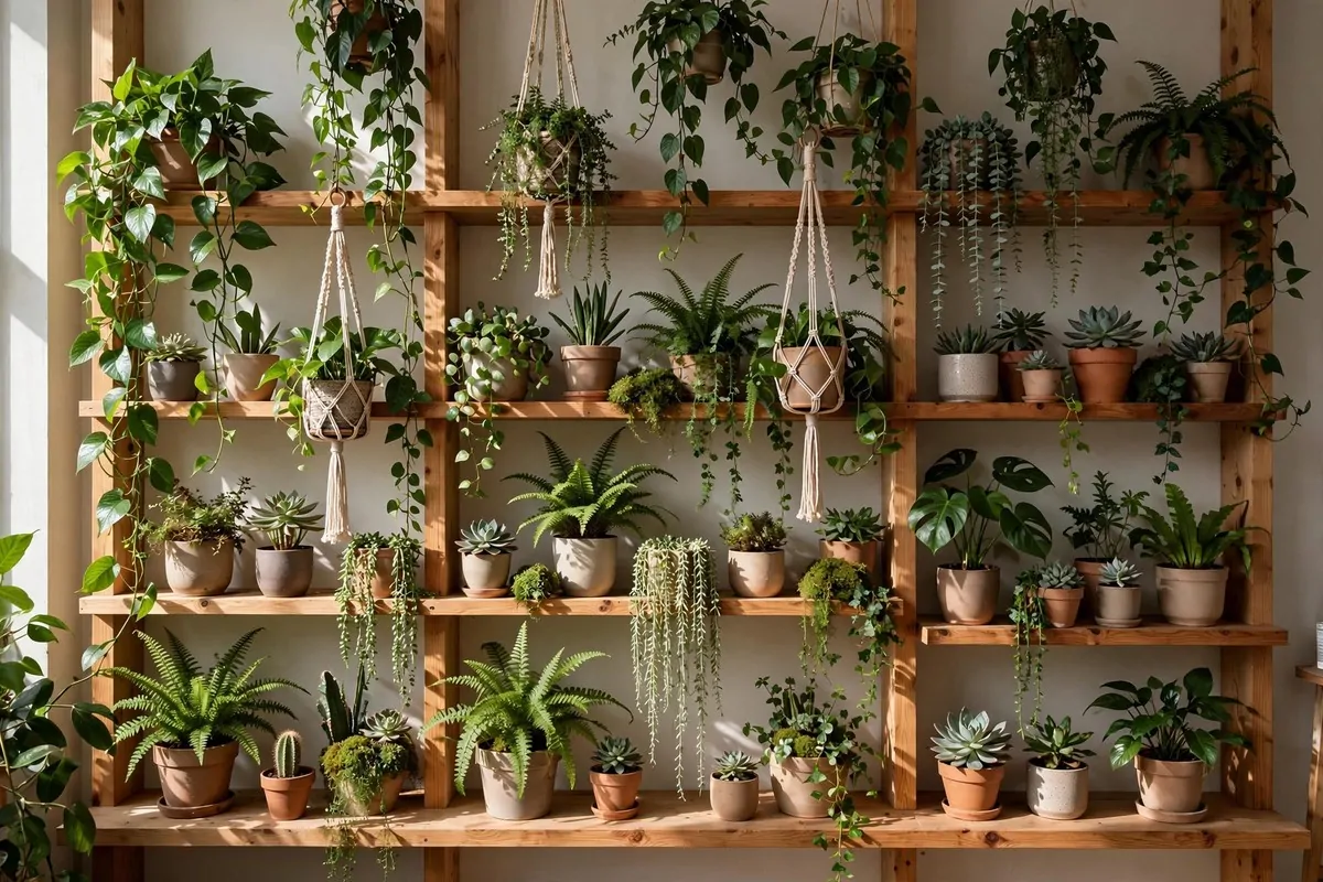 Wall covered with potted plants and hanging greenery as a natural photo backdrop