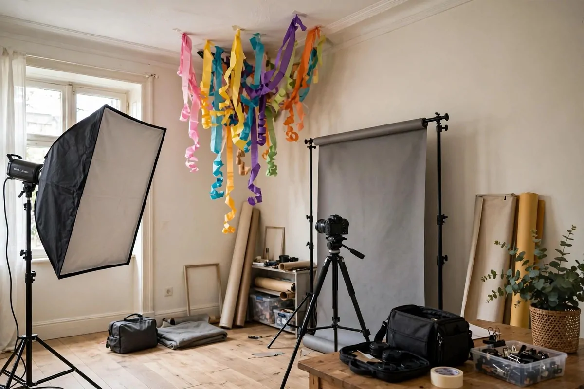 Colorful paper streamers hanging from a ceiling corner in a home photo studio