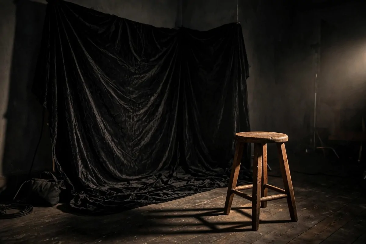 Black backdrop in a dim home studio corner with a single dramatic side light