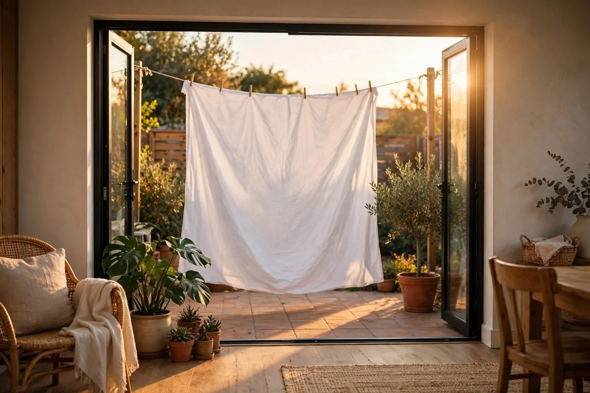 Patio set up for golden hour photos with a white sheet backdrop and warm evening light