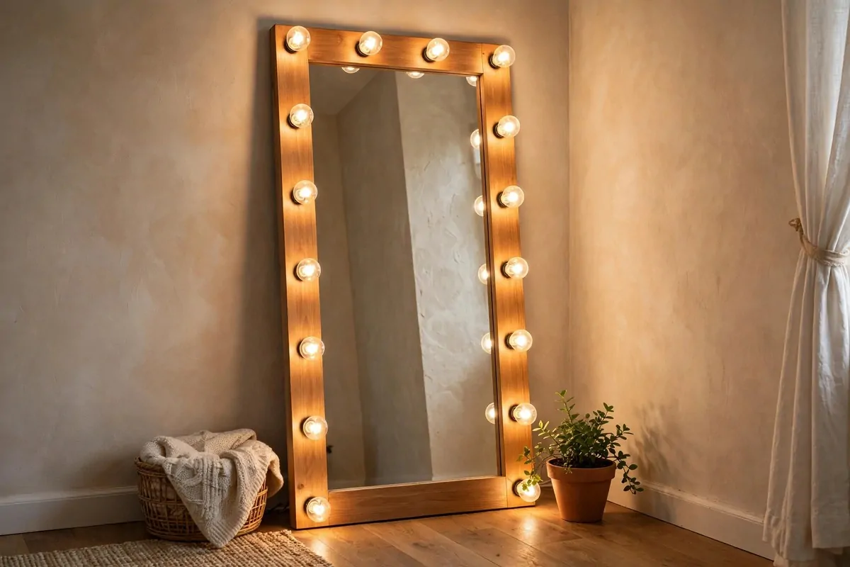 Full length mirror with warm bulb lights around the frame in a cozy home corner