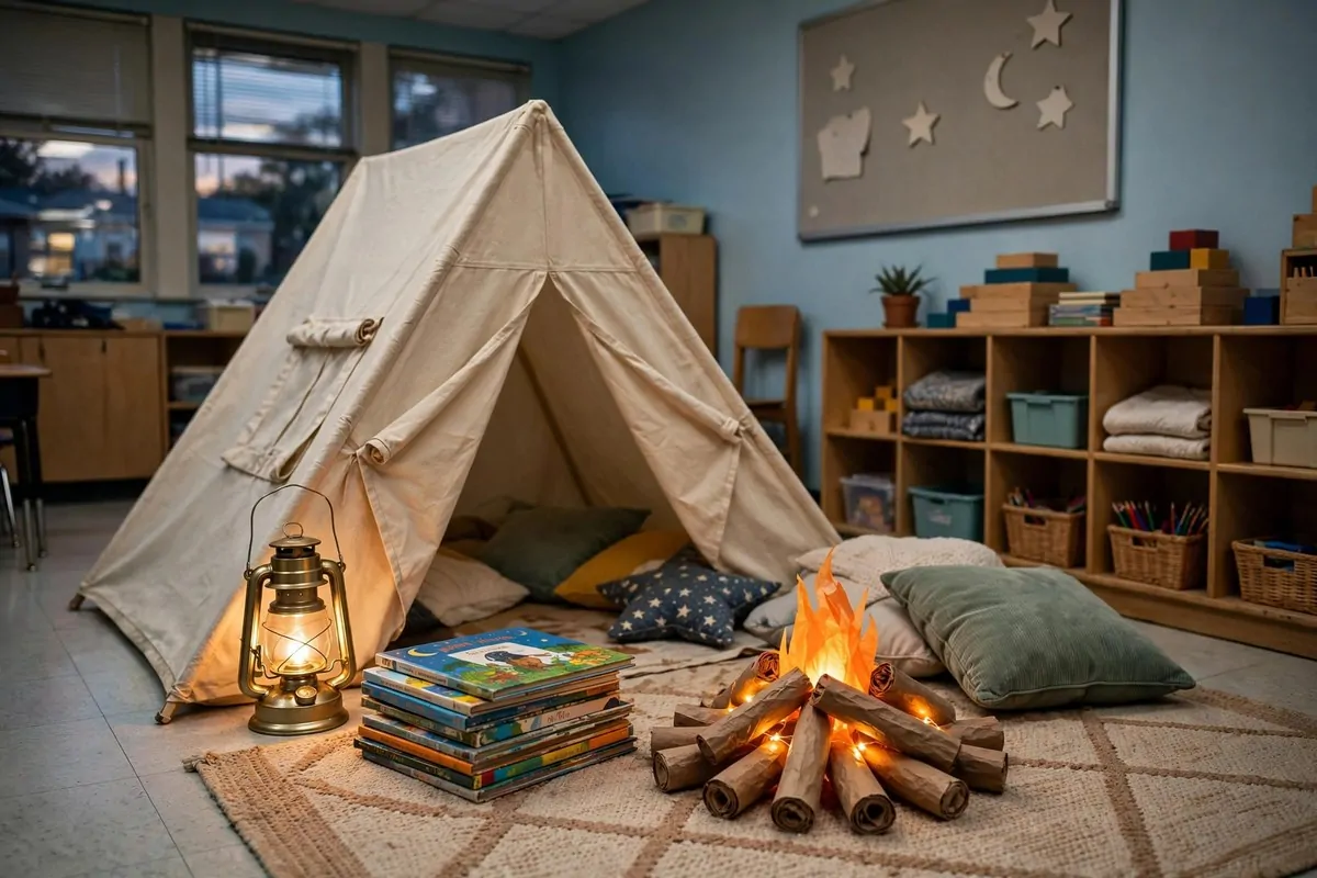 20 Reading Nook Classroom Setups Kids Beg to Visit 1 A classroom reading nook with a small canvas tent, glowing lantern and books