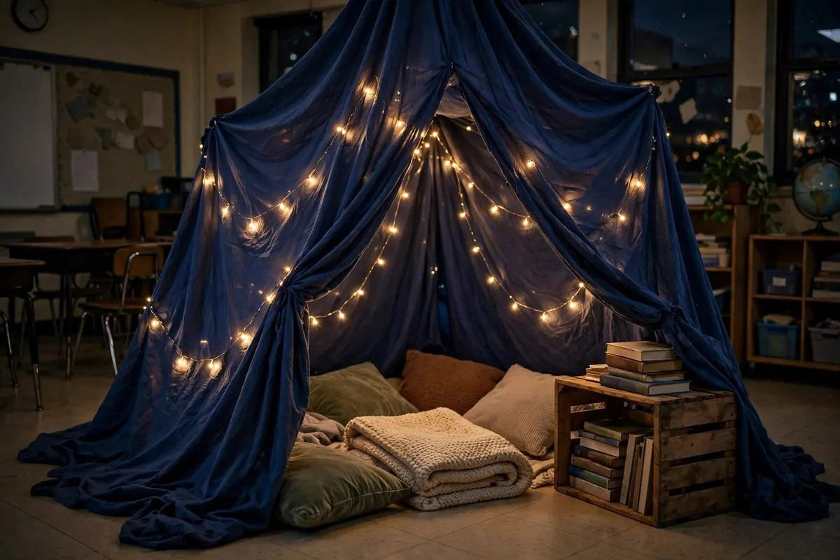 20 Reading Nook Classroom Setups Kids Beg to Visit 2 A classroom reading fort with blue fabric draped overhead and glowing string lights