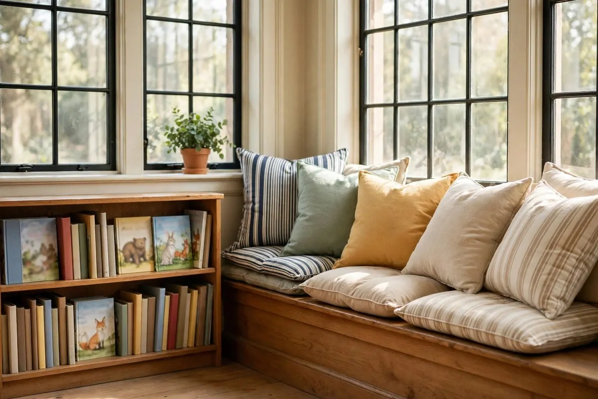 20 Reading Nook Classroom Setups Kids Beg to Visit 3 A bright classroom window seat reading nook with cushions and a bookshelf