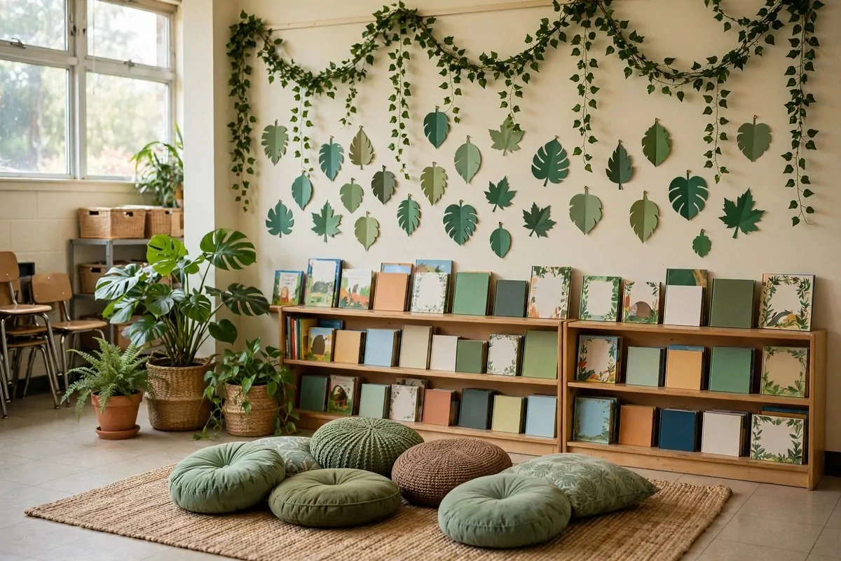 20 Reading Nook Classroom Setups Kids Beg to Visit 4 A jungle themed classroom reading corner with vine garlands and plants