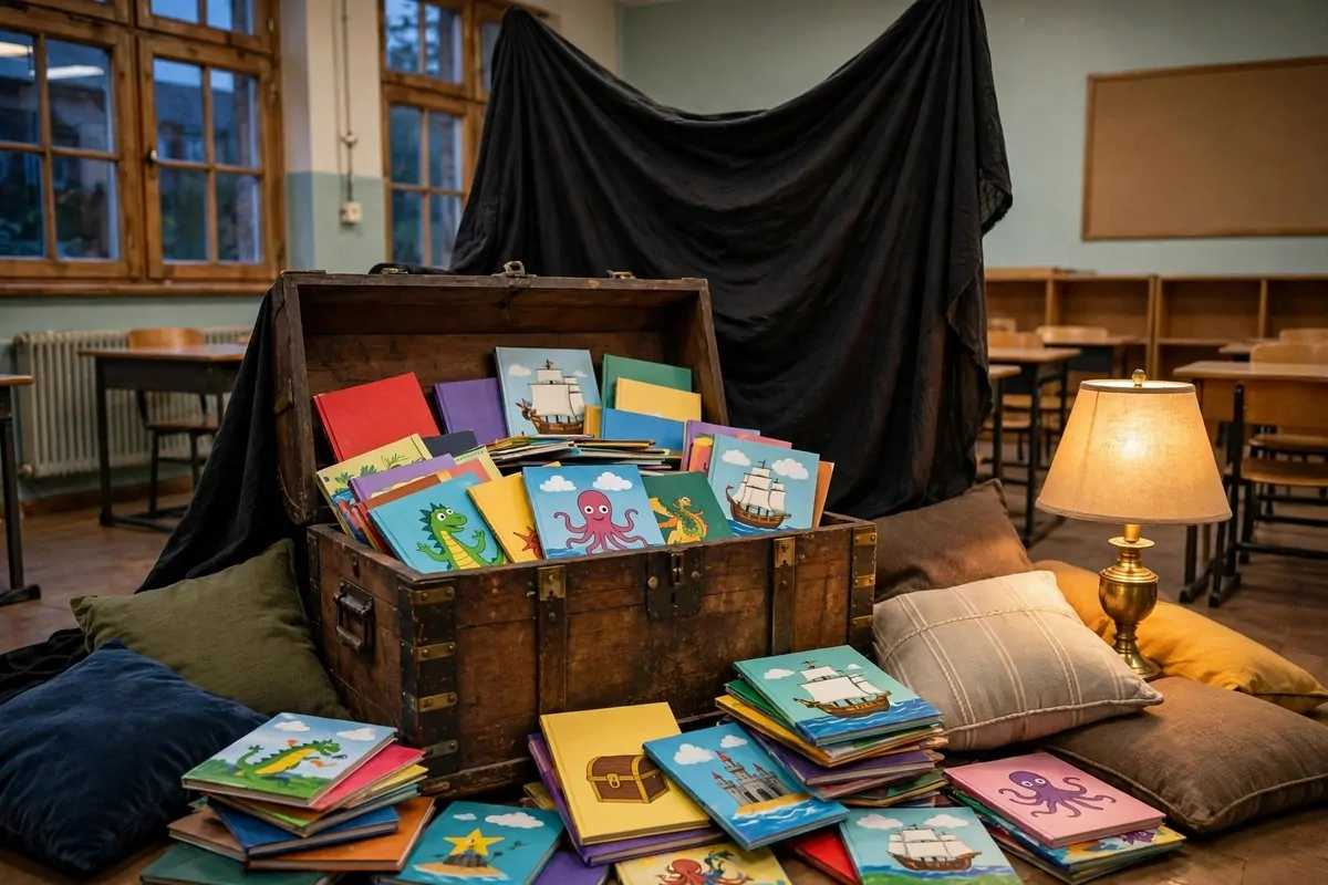 20 Reading Nook Classroom Setups Kids Beg to Visit 5 A pirate cove reading corner with a wooden treasure chest full of books