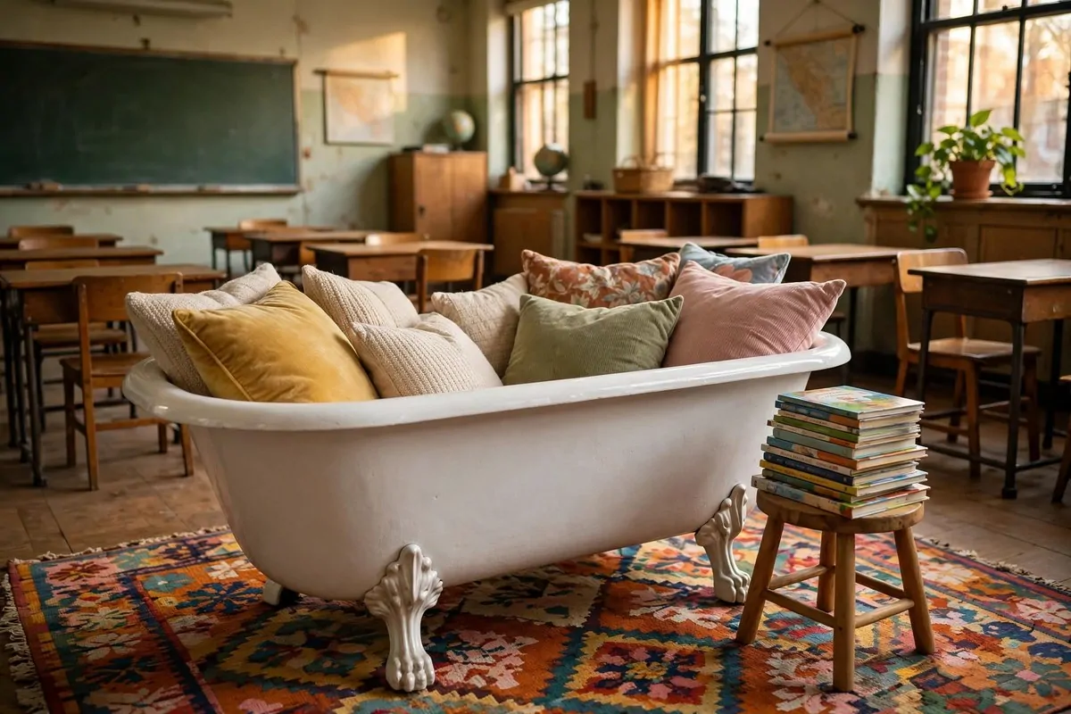 20 Reading Nook Classroom Setups Kids Beg to Visit 6 A vintage clawfoot bathtub reading nook in a classroom filled with cushions