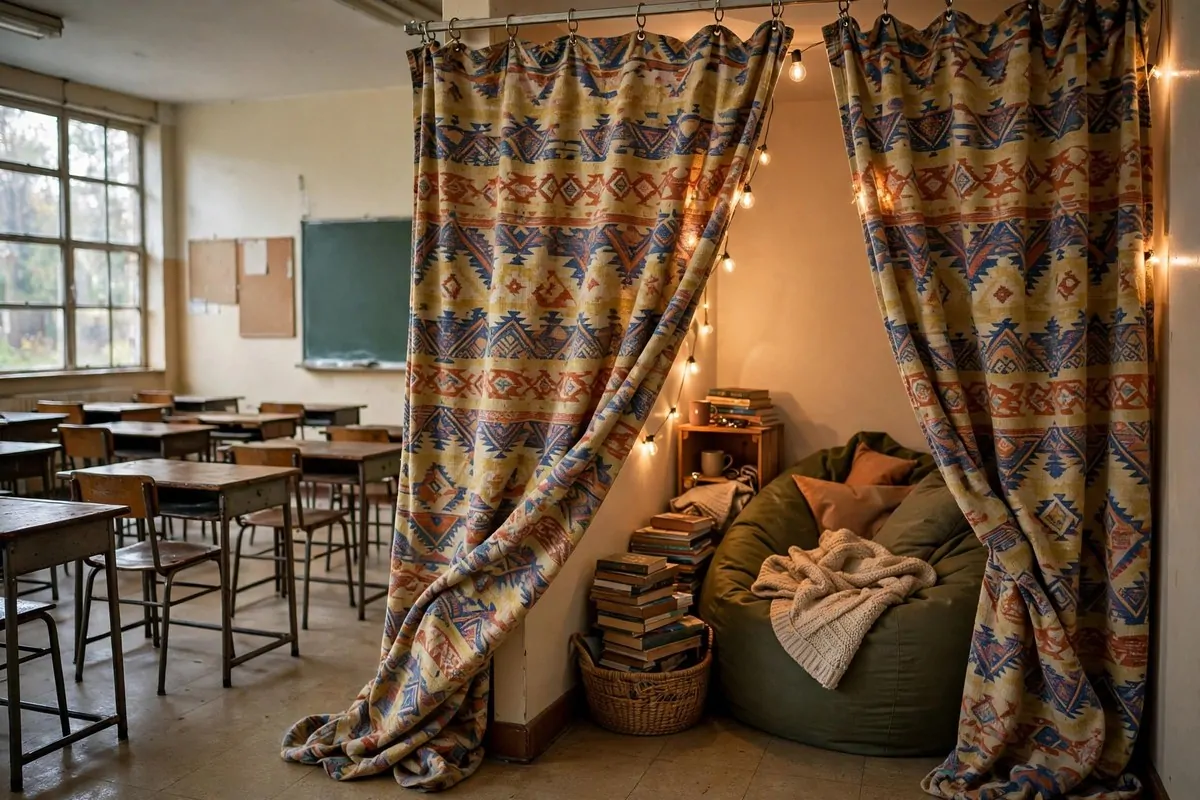 20 Reading Nook Classroom Setups Kids Beg to Visit 7 A secret classroom reading nook hidden behind a patterned curtain divider