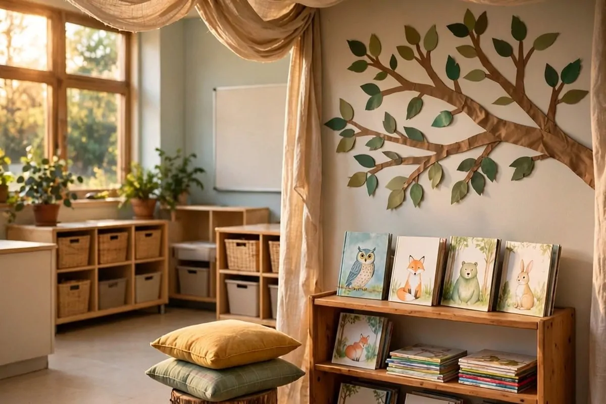 20 Reading Nook Classroom Setups Kids Beg to Visit 8 A treehouse canopy reading nook with fabric overhead and tree stump seating