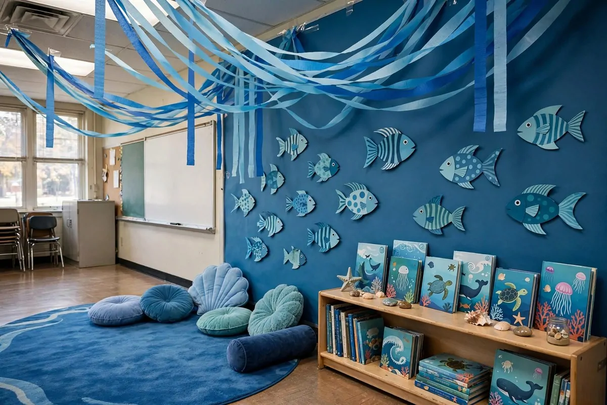 20 Reading Nook Classroom Setups Kids Beg to Visit 9 An ocean themed classroom reading corner with blue streamers and fish cutouts